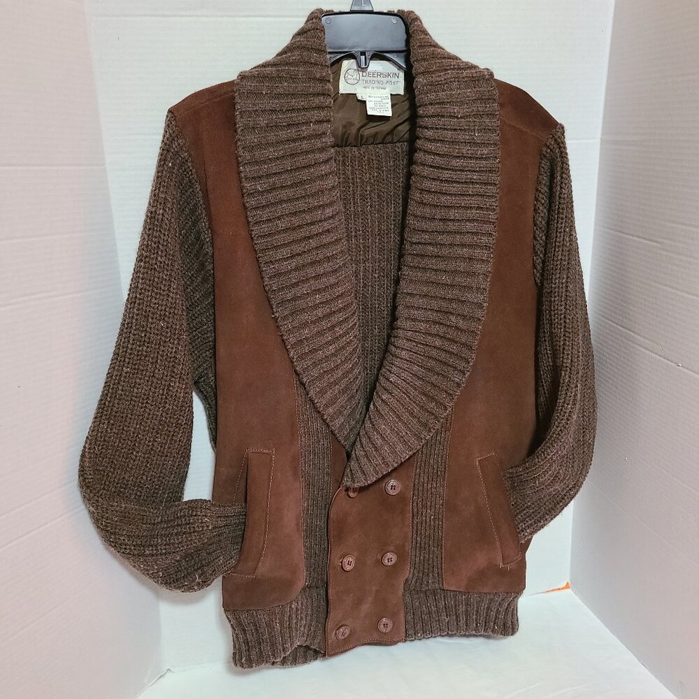 Deerskin Men's Leather Sueded Double Breasted Shawl Lapel Sweater Size Large